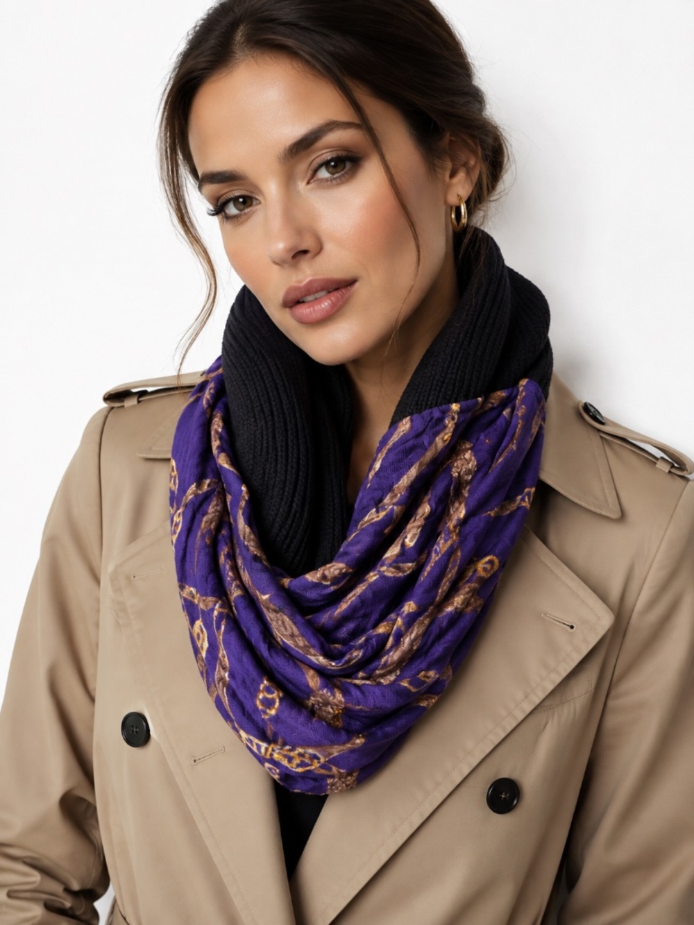 Ralph Lauren Purple Equestrian Print Knit Infinity Scarf Black Knit Tubular